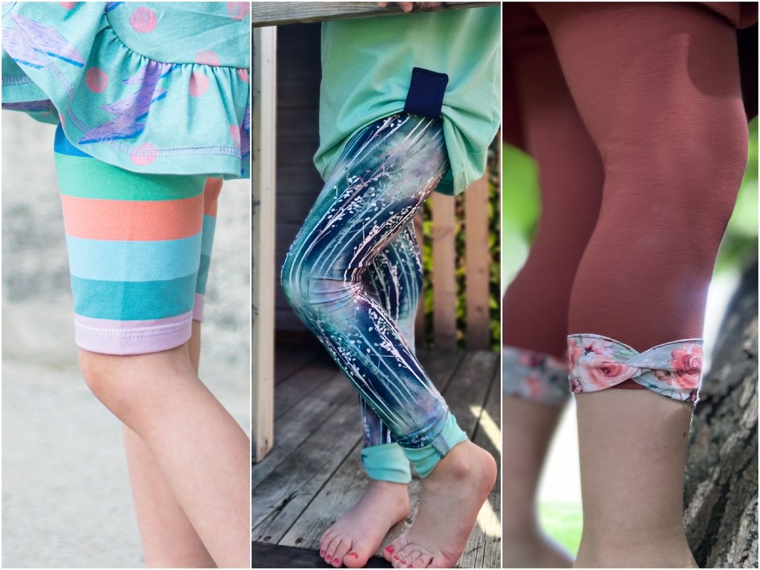 Beine in drei Hosenstilen: gestreifte Capri, gemusterte Leggings und einfarbige Capri mit floralem Bündchen