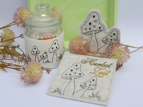 Stickdatei Pilze Herbst Redwork SET 9erlei mit ITH Untersetzer