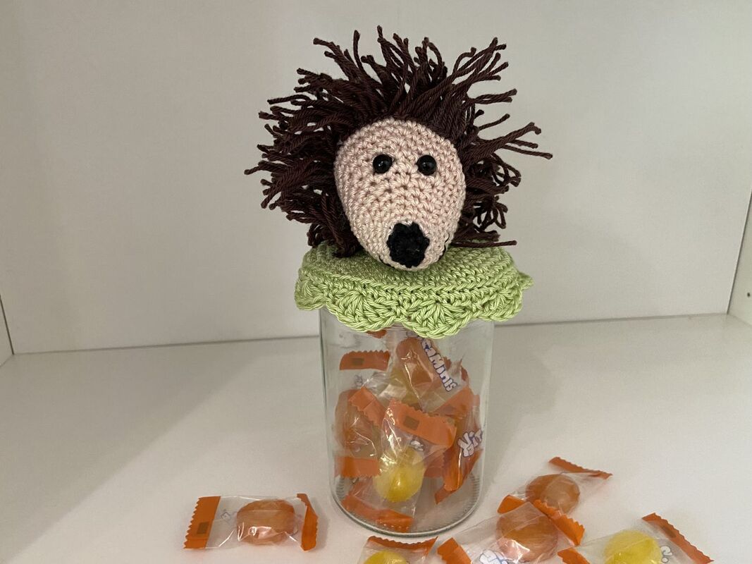 Gehäkelter Löwenkopf mit beigem Gesicht und dunkelbrauner Mähne auf einer hellgrünen Häkelkante eines Glases mit verpackten Bonbons.