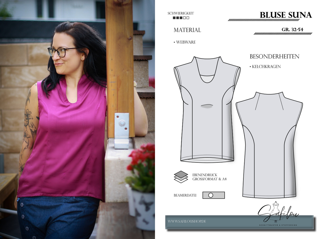PDF-Schnittmuster Bluse Suna – Zeitlose Eleganz mit Kelchkragen (Gr. 32-54)