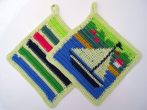 Häkelanleitung Topflappen "Segelboot"