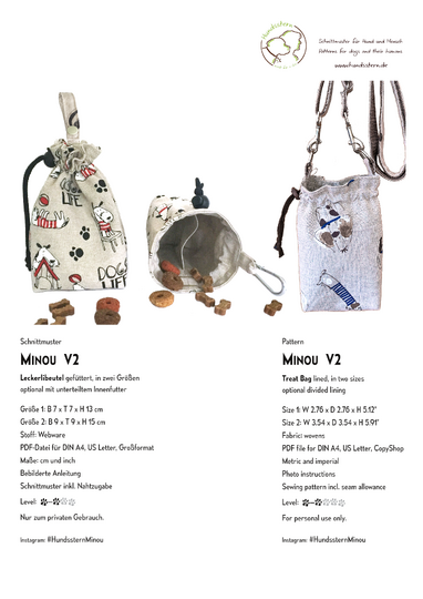 MINOU V2 treat pouch, with lining, 2 sizes, 2 compartments. Pattern