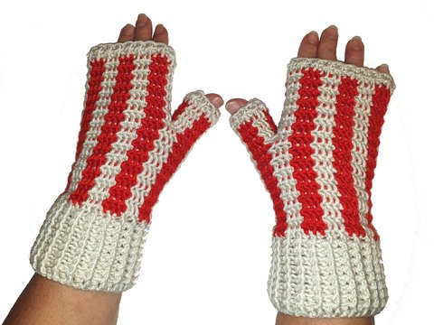 Handstulpen "Zebra rot-weiß" zweifarbige Längsstreifen Häkelanleitung