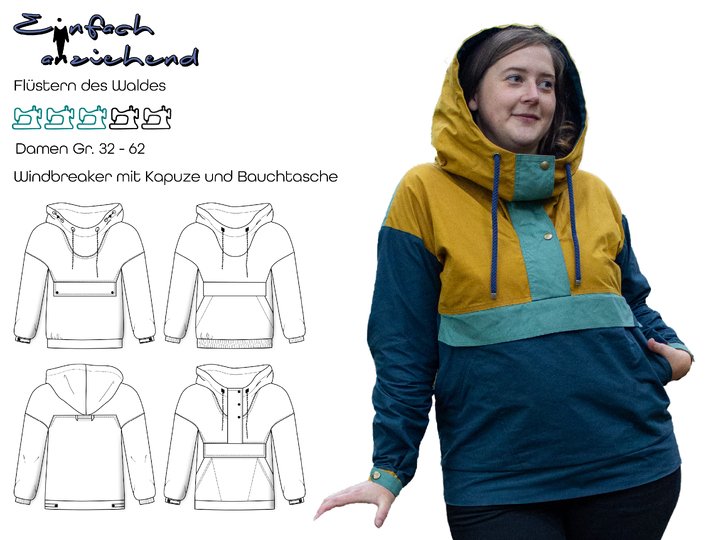 Schnittmuster Windbreaker mit Kapuze und Bauchtasche Damen Gr. 32 - 62