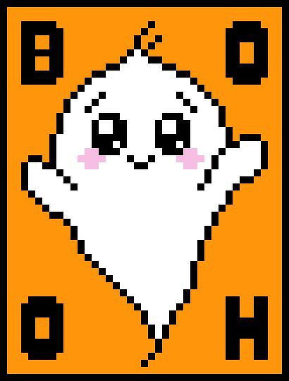 Pixelhäkelvorlage: weißer Geist mit rosa Wangen auf orange Hintergrund, schwarze Kontur und Buchstaben in den Ecken.