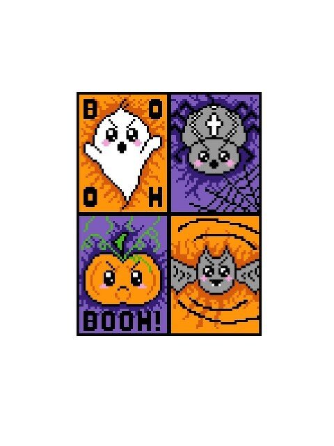 Pixelgrafik mit vier quadratischen Halloween‑Motiven: weißes Gespenst, hängende Spinne, Kürbis mit Gesicht und Fledermaus im Retro‑Pixelstil