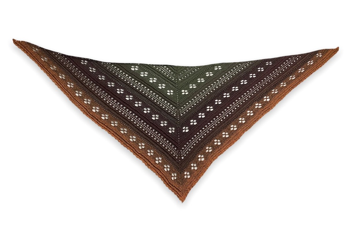 Triangular crochet shawl with green-to-brown ombre and lace eyelet motifs