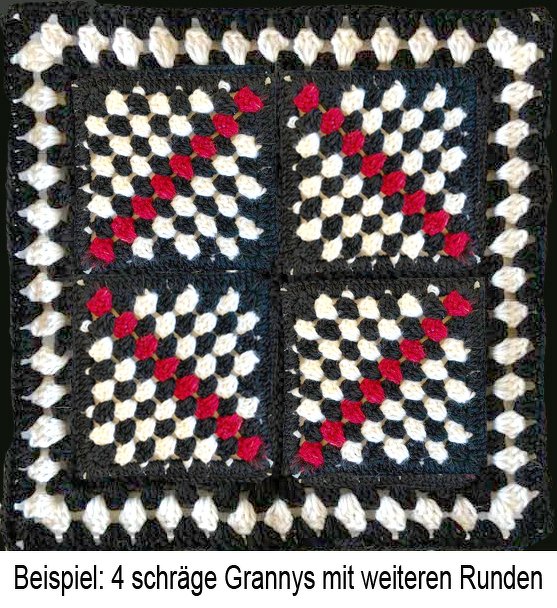 Gehäkeltes Quadrat mit vier diagonalen Granny Squares in Schwarz, Weiß und Rot, mit umrahmendem Rand