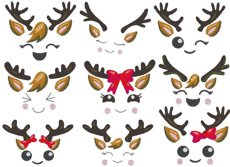 Rentier Gesichter Stickdatei Weihnachten bis 10cm