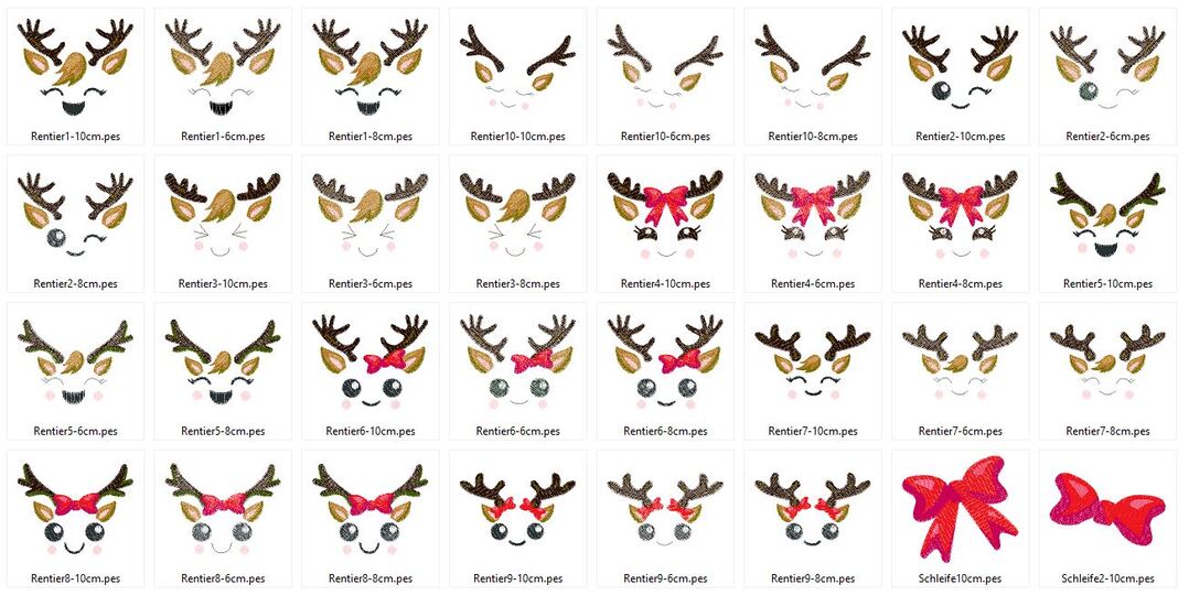 Rentier Gesichter Stickdatei Weihnachten bis 10cm