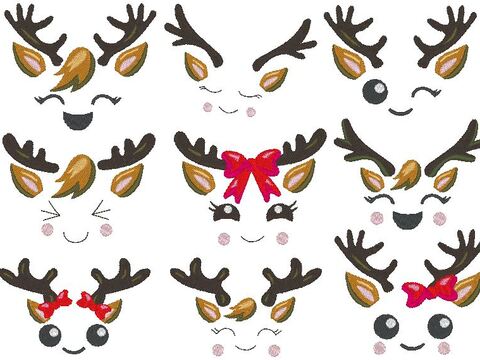 Rentier Gesichter Stickdatei Weihnachten bis 10cm