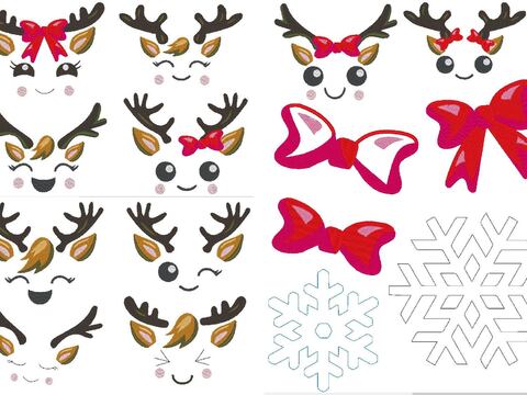 XXL Set Große Rentier Gesichter Stickdatei Weihnachten 12-30cm