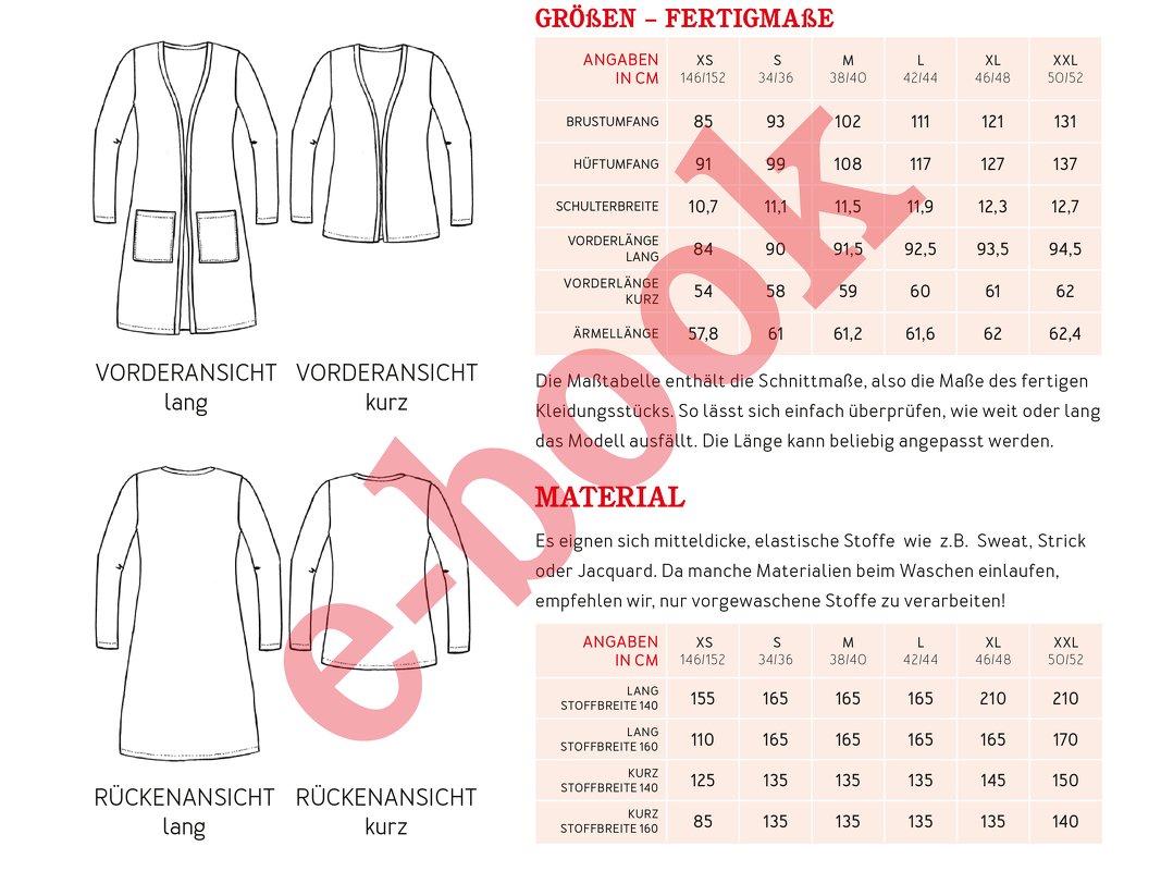 Technische Zeichnungen einer Damenjacke/Cardigan in kurzer und langer Variante neben Größentabelle und Materialangaben