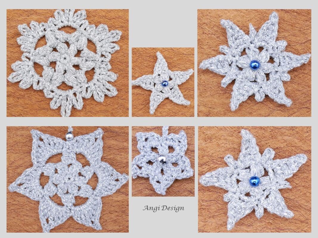 Sechs gehäkelte silberne Sterne und Schneeflocken-Applikationen, einige mit blauen oder silbernen Perlen, auf braunem Hintergrund.