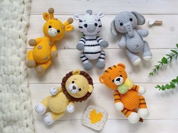 SET 5 Amigurumi Häkelanleitungen PDF: Tiger, Löwe, Zebra, Elefant, Giraffe