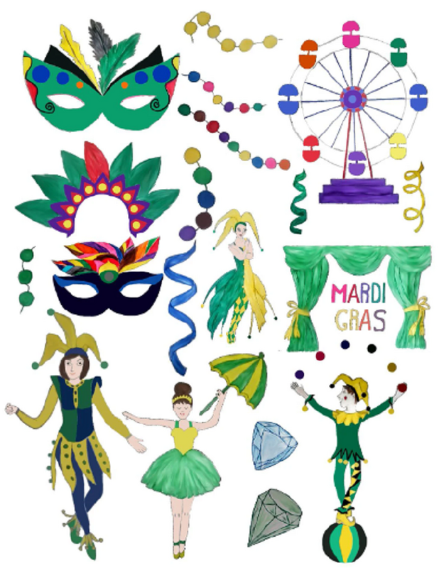 Mardi Gras illustrations: masks, jesters, bead strands, Ferris wheel, curtains, and costumed dancers.