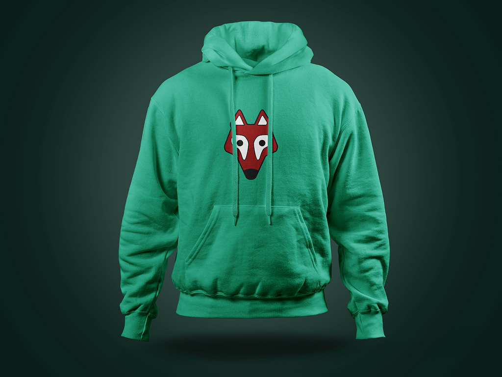 Grüner Kapuzenpullover mit rotem, stilisiertem Fuchsgesicht auf der Brust