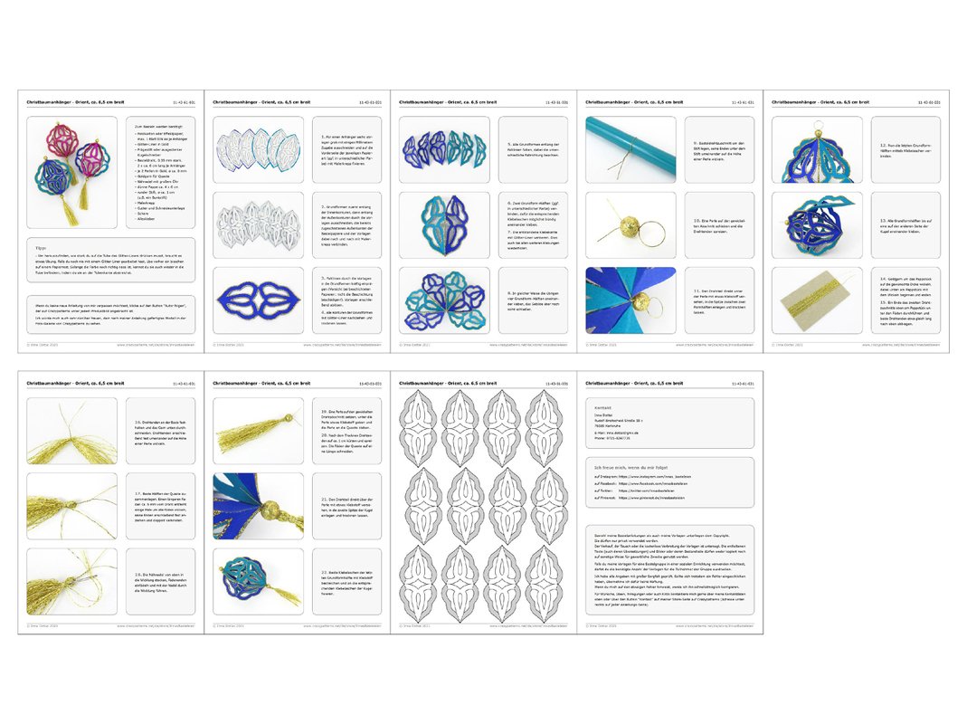 Mehrseitige Bastelanleitung mit Fotos und Schnittmustern für orientalisch inspirierte Christbaumhänger in Blau, Grün und Gold mit Quasten.