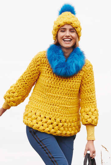 Häkelanleitung: Gehäkelter Pulli mit Büschelmaschen an Saum und Mütze