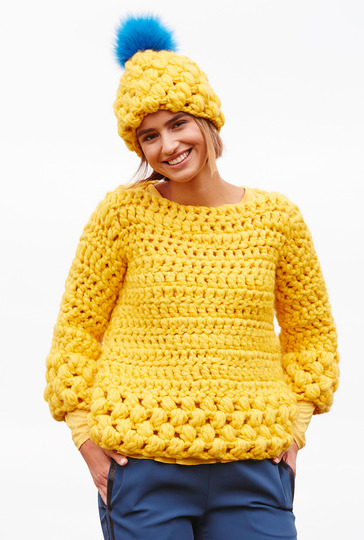 Häkelanleitung: Gehäkelter Pulli mit Büschelmaschen an Saum und Mütze