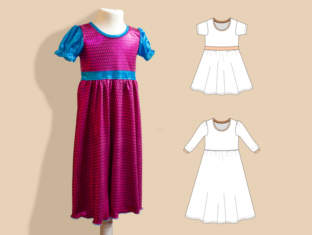 Milana – Kinder Jerseykleid mit Puffärmeln &amp; Taillenband (Gr. 86-158, A4+A0