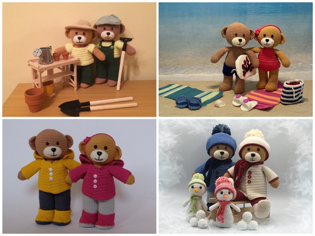 Vier Fotos von gehäkelten Amigurumi-Bären in Garten-, Strand-, Regen- und Winteroutfits mit Mini-Accessoires.
