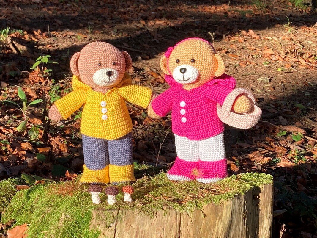 Zwei gehäkelte Amigurumi-Bären mit Kapuzenjacken, Hosen und Stiefeln auf einem moosigen Baumstumpf, drei kleine gehäkelte Pilze und ein Körbchen.