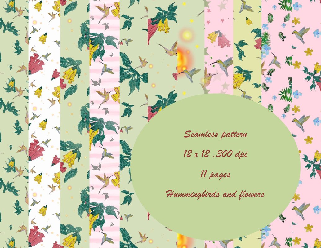 Digital paper hummingbirds and flowers seamless pattern