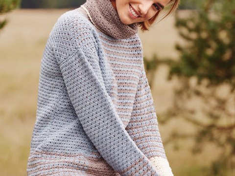 Häkelanleitung: Langarm-Häkel-Pulli in drei Farben mit Rollkragen