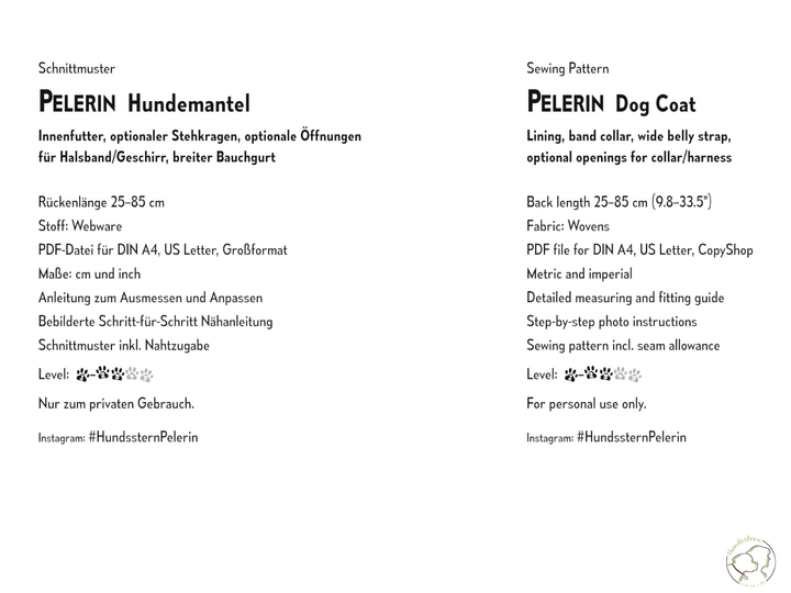 PELERIN Dog Coat, sizes XS–XXL, sewing pattern