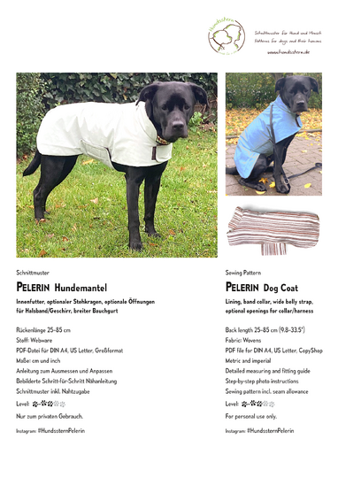 PELERIN Dog Coat with lining, sizes XS–XXL, sewing pattern