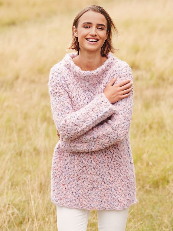Häkelanleitung: Melierter Pulli in Rosa und Lila mit Stehkragen