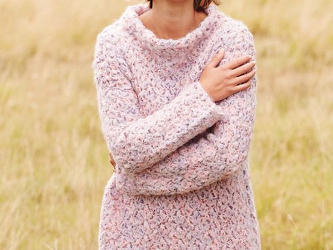 Häkelanleitung: Melierter Pulli in Rosa und Lila mit Stehkragen