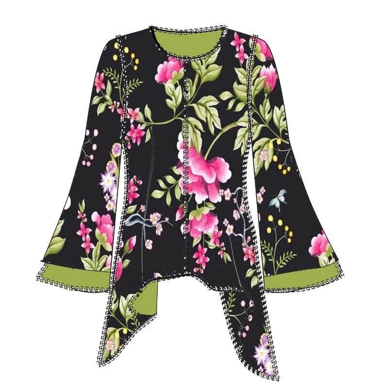 Schnittmuster Tunika schwarz mit floralem Print, weiten Ärmeln und asymmetrischem Saum