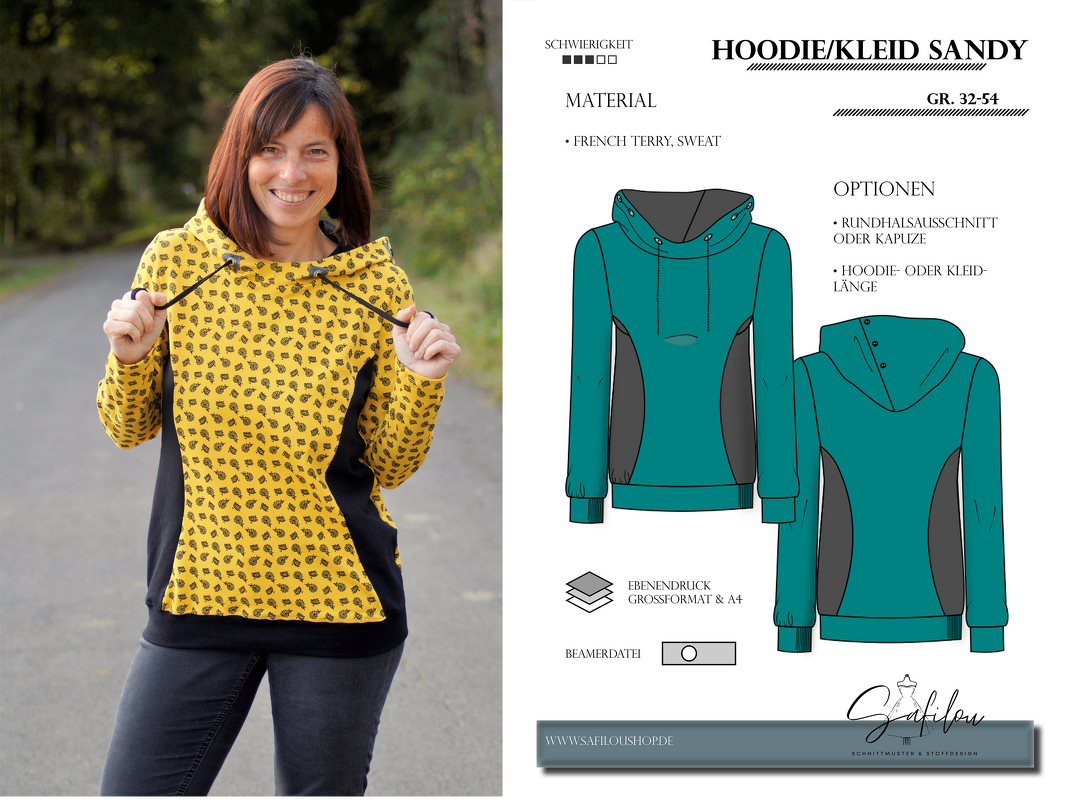 Hoodie/Kleid Sandy – PDF-Schnittmuster 32-54 | Kapuze oder Rundhals