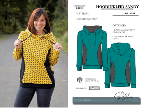 Hoodie/Kleid Sandy – PDF-Schnittmuster 32-54 | Kapuze oder Rundhals