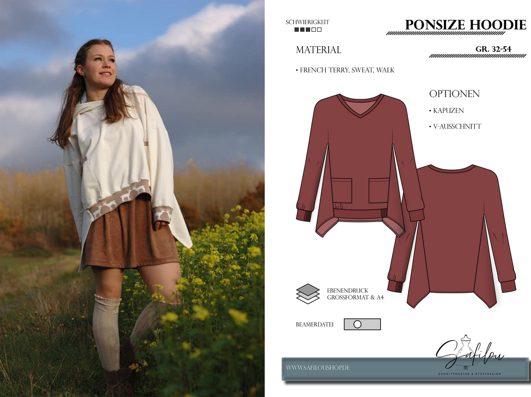 Hoodie-Schnittmuster Ponsize – PDF-Größen 34-50 | Lässiger Oversize-Look |