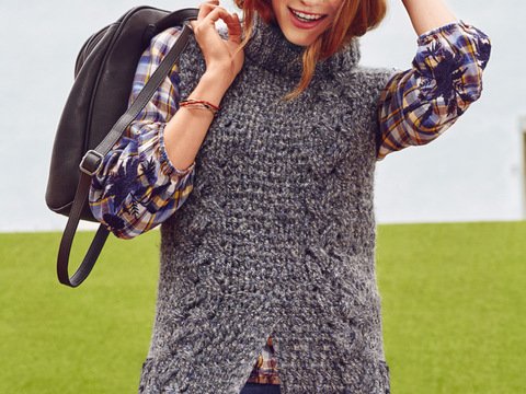 Häkelanleitung: Rollkragen-Pullunder mit Zöpfen und langem Schlitz