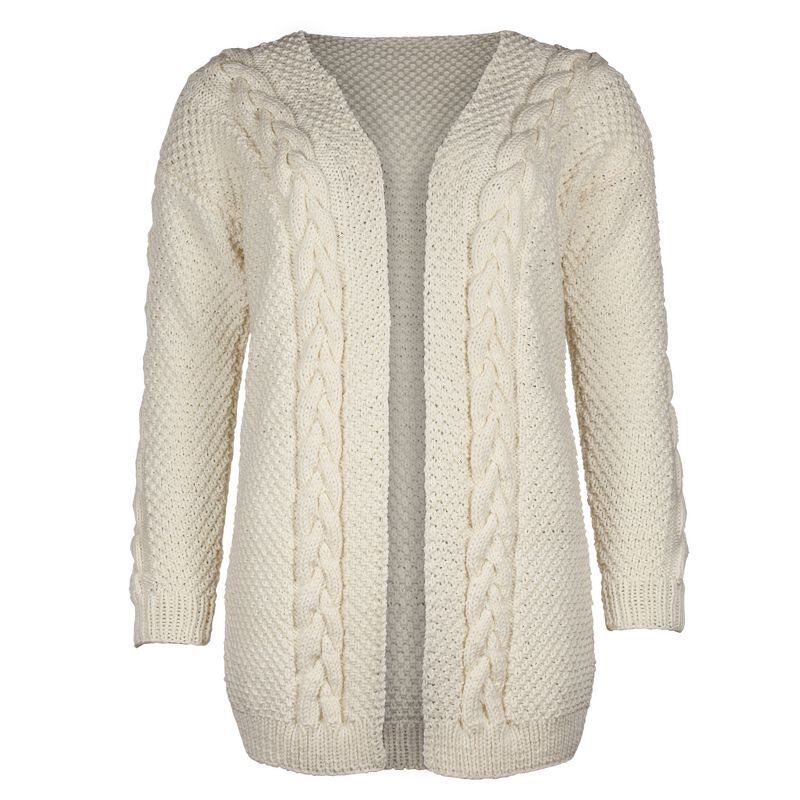 Cremefarbene offene Strickjacke mit Zopfmuster und Perlmuster