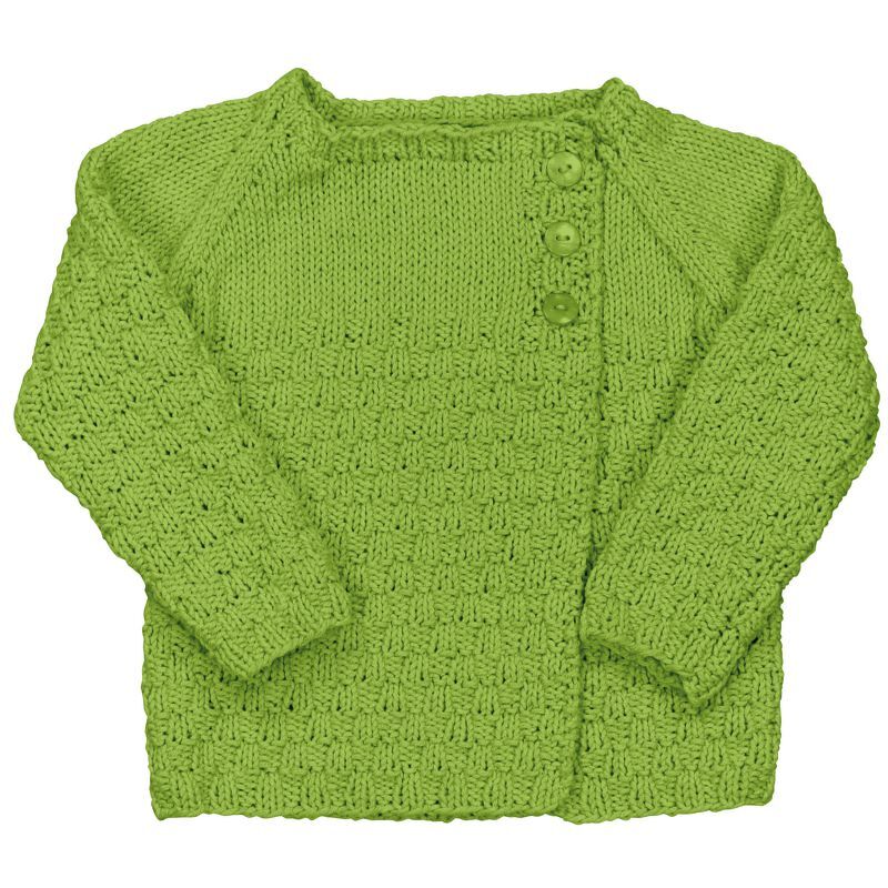 Hellgrüne gestrickte Kinderjacke mit Raglanärmeln und drei Knöpfen an der rechten Schulter
