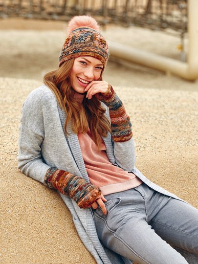 Häkelanleitung: Gehäkelte Mütze mit Granny-Einsätzen und langen Handstulpen