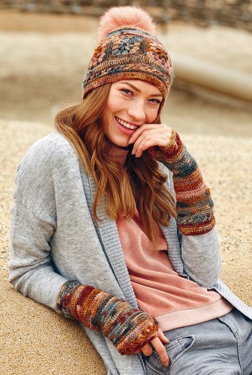 Häkelanleitung: Gehäkelte Mütze mit Granny-Einsätzen und langen Handstulpen