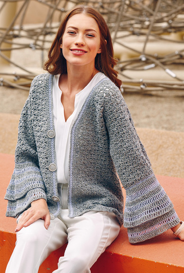 Häkelanleitung:Muschelmuster gehäkelte V-Ausschnittjaacke mit Volantärmeln.