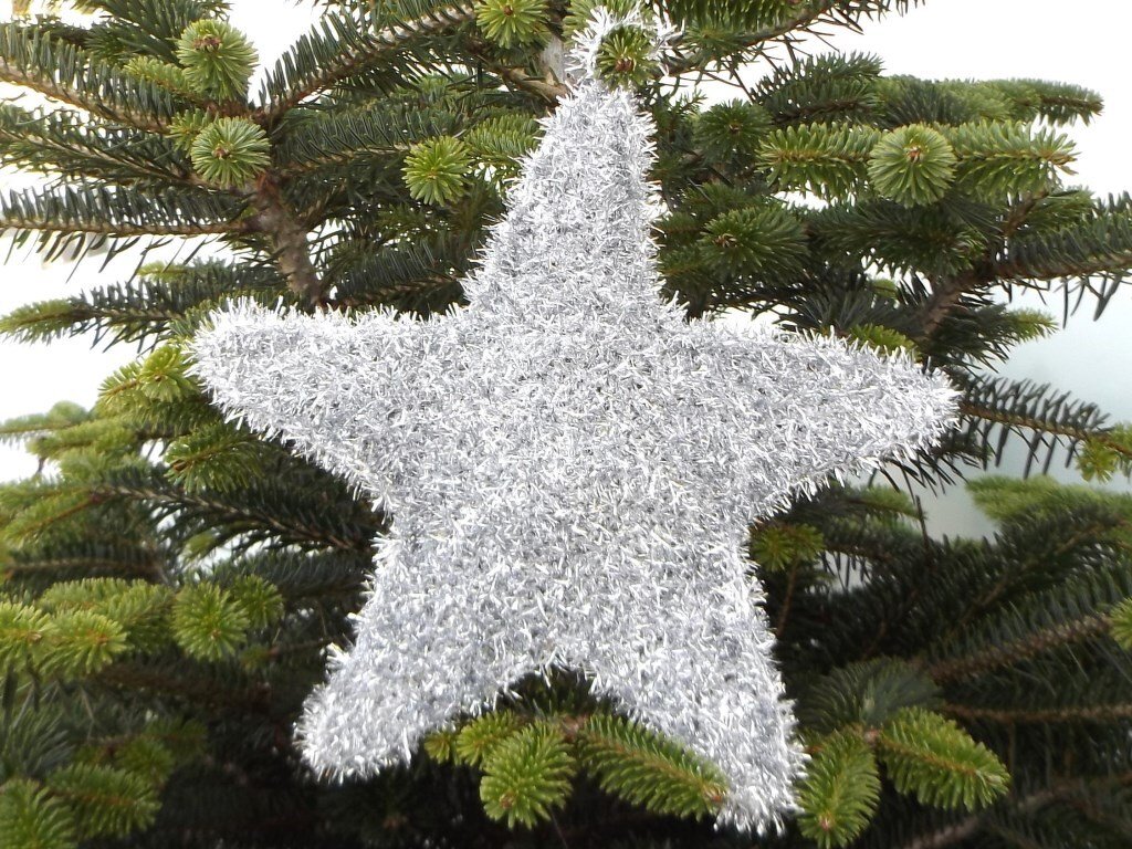 Silberner, gehäkelter Stern aus flauschigem Garn an einem Tannenzweig