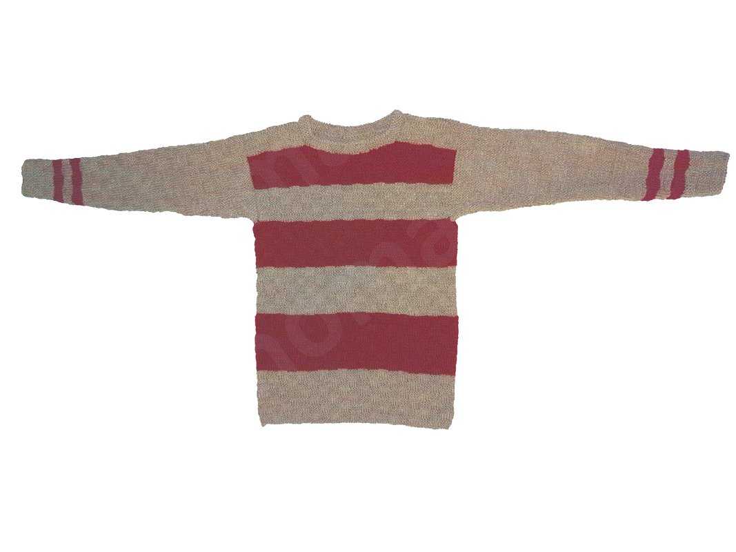 Gestrickter Kinderpullover mit breiten Rot- und Beigestreifen