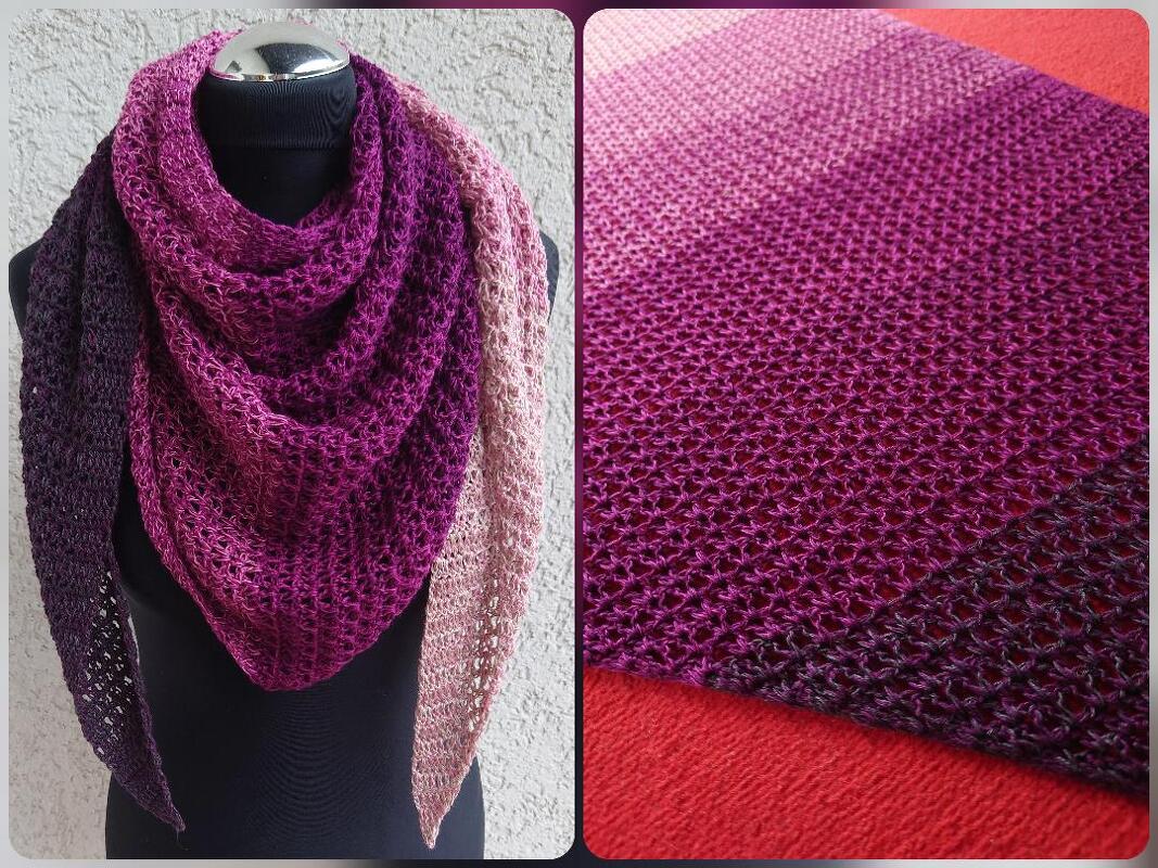 Gehäkeltes Dreieckstuch mit violett-rosa Farbverlauf auf schwarzer Schneiderpuppe