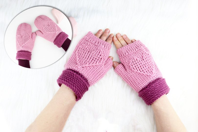 Handschuhe mit dem Herz für Erw./Kinder (stricklook, 2 Var.)