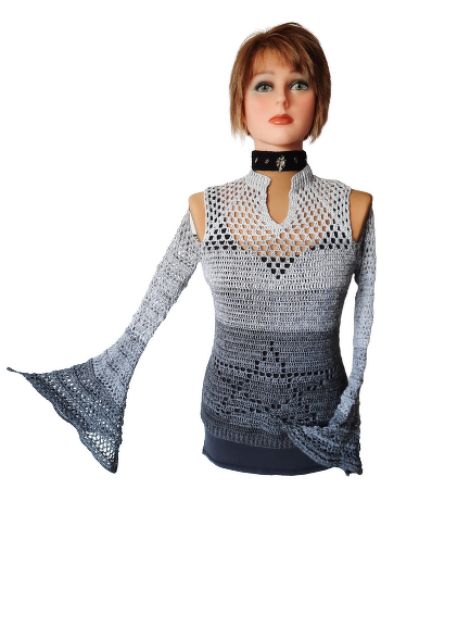 Häkelanleitung Pulli Mystica - Off-Shoulder Pullover mit Trompetenärmeln