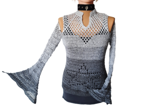 Häkelanleitung Pulli Mystica - Off-Shoulder Pullover mit Trompetenärmeln