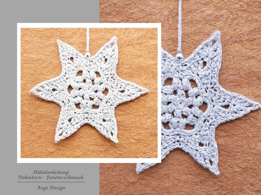 Hellgrauer gehäkelter Stern mit Lochmuster und Aufhängeschlaufe